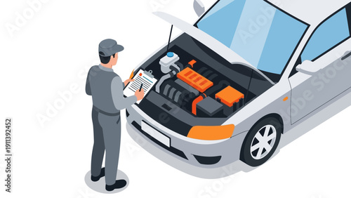 Mechanic inspecting car engine with hood open in isometric style