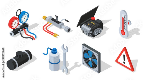 Isometric hvac tools and equipment set for air conditioning and heating systems
