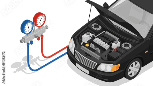 Car air conditioning repair concept with open hood in isometric style