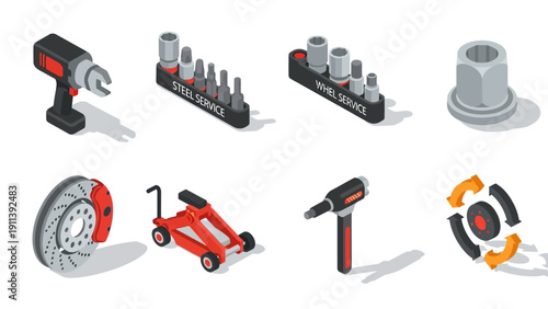 Isometric tool set for car repair and maintenance including drill and jack