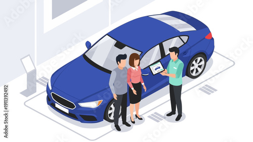Car purchase consultation in modern isometric style showroom