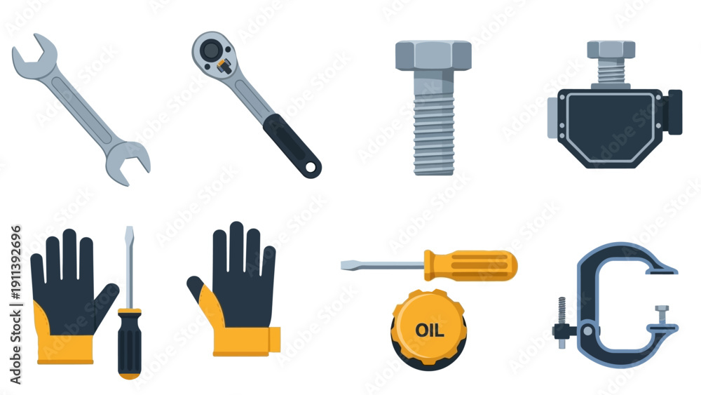 Obraz premium Essential garage tools set: wrench, ratchet, bolt, oil, clamp, and more