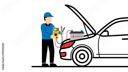 Mechanic using multimeter to check car battery charge on white background