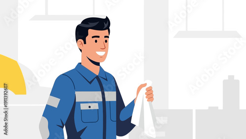 Smiling man in blue uniform cleaning with cloth in modern workspace