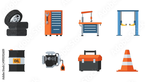 Garage essentials: tools, equipment, and safety icons for automotive work