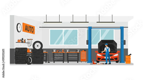Modern auto repair shop with mechanic and equipment in flat design