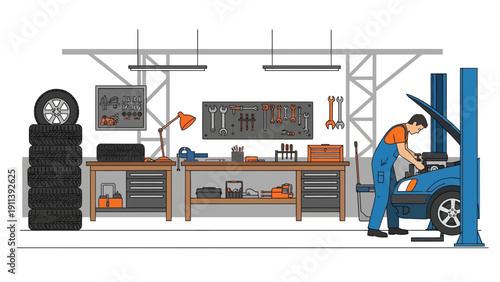 Mechanic in workshop repairing car with tools in garage setting