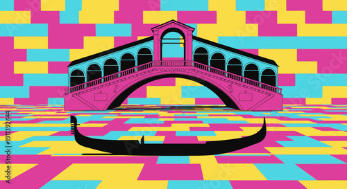 A vibrant pop art illustration captures Venice's iconic Rialto Bridge and a classic gondola, set against a dynamic, colorful geometric backdrop, perfect for modern travel.