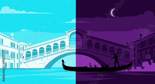 An illustration contrasts Venice's iconic Rialto Bridge, depicting its bright day against the tranquil, mysterious allure of a moonlit night, complete with a gondola.