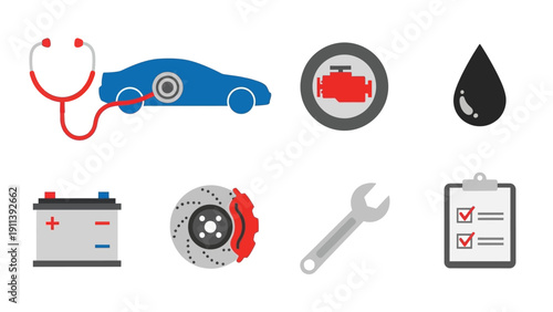 Auto repair tools and diagnostics icon set in flat design style