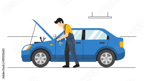 Mechanic repairing car: automotive maintenance in modern flat style