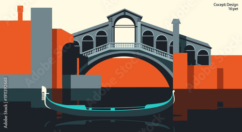 A captivating minimalist vector illustration elegantly portrays the iconic Rialto Bridge and a traditional gondola on the historic canals of Venice.