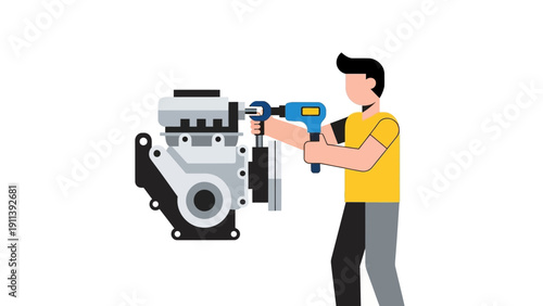 Flat illustration of mechanic repairing engine with power tool in workshop setting