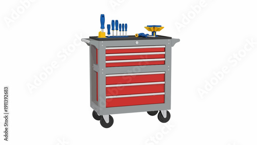 Rolling tool cabinet with assorted hand tools on top in perspective view