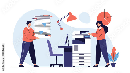 Office employees handle a massive workload involving printing and organizing a huge stack of documents representing busy corporate administration.