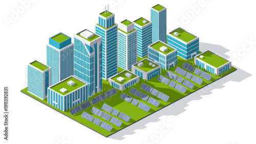 Eco-friendly isometric cityscape with green roofs and solar panels