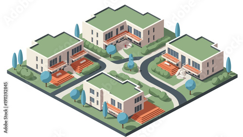 Isometric modern housing development with green roofs and landscaped surroundings