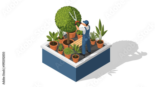Gardener caring for potted plants on rooftop garden in isometric design