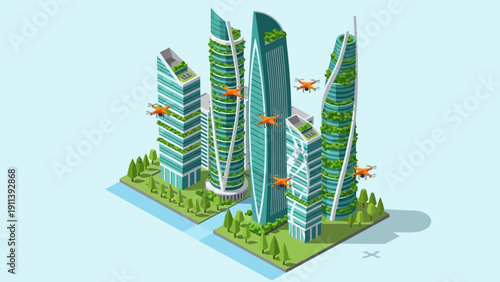 Futuristic eco-friendly smart city with vertical gardens and drones
