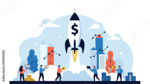 Rocket with a dollar sign launches into the sky above a business district representing a successful startup or rapid financial growth in economy.