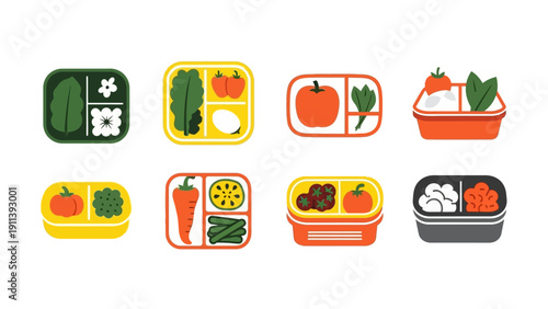 Colorful lunchbox collection featuring fresh fruits and vegetables in flat design style