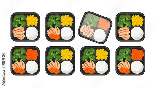 Flat style bento box pattern with rice, vegetables, and chicken on white background