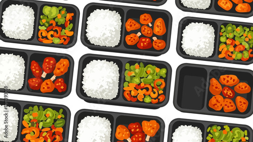 Seamless pattern of meal prep containers with rice and vegetables