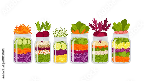 Colorful layered vegetable jars for fresh and healthy meal prep inspiration