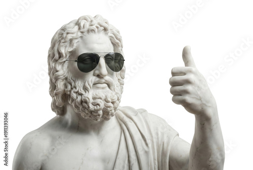 Ancient Greek marble bust of Zeus or Poseidon wearing dark aviator sunglasses and giving a thumbs up gesture, isolated on a white background.