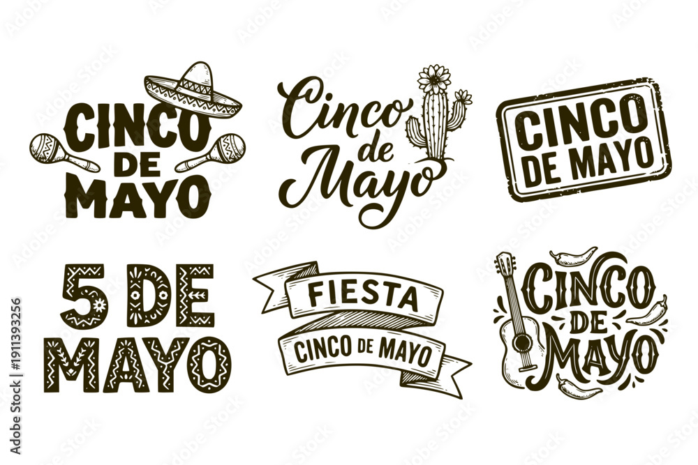 Obraz premium Cinco de Mayo Hand Drawn Lettering Set of 6 Black and White Mexican Holiday Typography