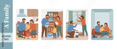 Set of four vector illustrations showing a family preparing for an emergency or storm, packing a survival kit with food, water, first aid, sealing windows, and staying safe in a home shelter room