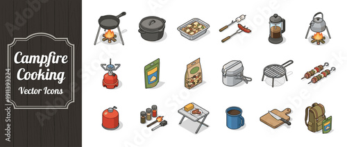 Isometric vector icon set of 20 campfire cooking and trail meal items featuring camping stove, Dutch oven, skillet, kettle, mess kit, grill, backpack, and freeze-dried food for hiking adventures