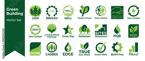 Vector Icon Set of 20 Green Building Certification and Labels Icons Including LEED, BREEAM, WELL, Energy Star, Zero Carbon, and More for Sustainable Architecture and Eco-Friendly Construction Design