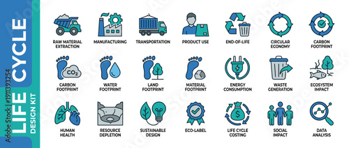 Life Cycle Assessment Icon Set: 20 Vector Icons for Sustainability, Carbon Footprint, Circular Economy, Manufacturing, and Environmental Impact in Professional Blue and Teal Corporate Design Style.