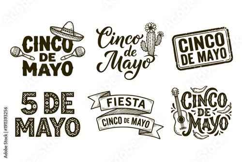 Cinco de Mayo Hand Drawn Lettering Set of 6 Black and White Mexican Holiday Typography