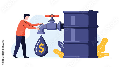 Man operates a large faucet on an oil drum that dispenses black oil drops with dollar signs representing the high value of petroleum resources.