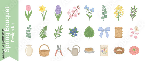 Spring Bouquet Design Kit Vector Icon Set of 20 Floral Composition Elements in Flat Design Pastel Palette; Includes Flowers, Leaves, Gardening Tools, Watering Can, Basket, Nest, and Seed Packet.