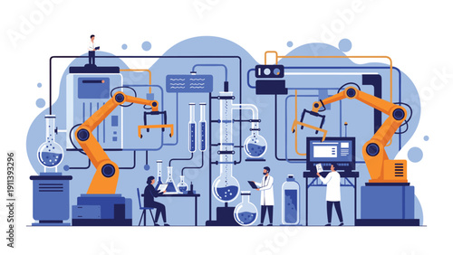Scientists work alongside robotic arms in a high tech laboratory facility for chemical analysis and pharmaceutical development and research.