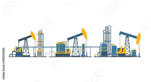 Oil drilling pump jacks and industrial refinery complex.