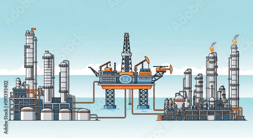 Offshore oil rig and refinery complex illustration.