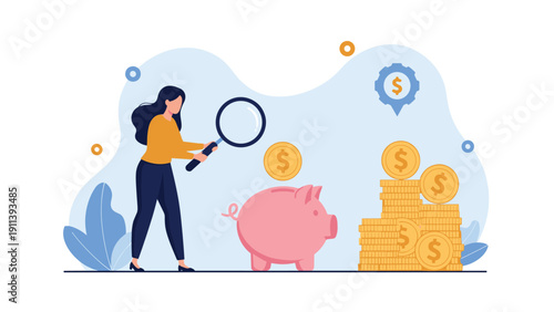 Woman examines a piggy bank and stacks of gold coins with a magnifying glass representing careful financial auditing and personal budget review.