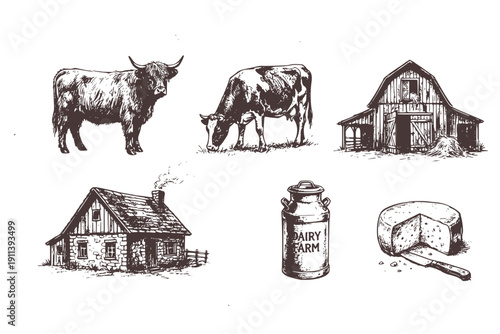 Cow on Rustic Meadow Hand Drawn Set of 6 Black and White Farm Landscape Illustrations