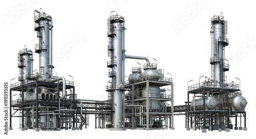Industrial Oil Refinery Complex With Tall Towers And Pipes.