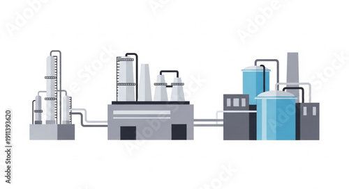 Modern industrial factory complex with distillation towers and storage tanks.