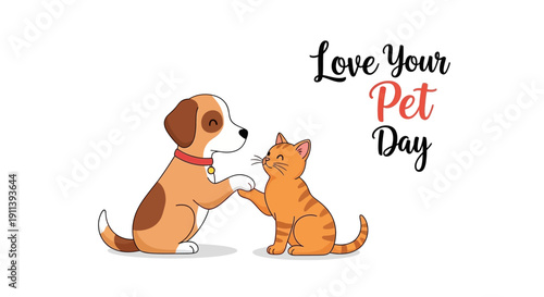 Illustration of a dog and cat showing affection on Love Your Pet Day with a white background and quirky characters.