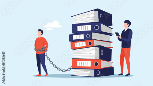 Office worker is chained to a massive stack of files representing administrative burden and being overwhelmed by excessive corporate paperwork.