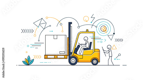Forklift operator moves a large crate in a warehouse setting surrounded by technical line art icons representing logistics and supply chain.