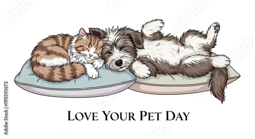 Illustration of a cat and dog sleeping together on cushions with the text 'Love Your Pet Day' below, conveying affection and companionship in a quirky character design with warm tones.