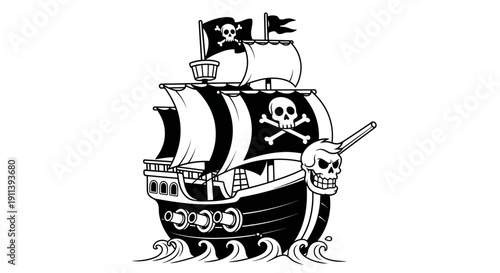 Pirate Ship with Jolly Roger Flags and Skull Figurehead Sailing on Waves