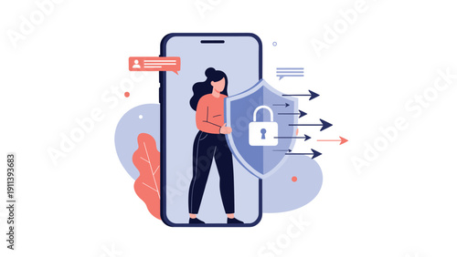 Woman on a mobile screen holds a shield with a padlock icon to protect against incoming digital threats representing cybersecurity and privacy.